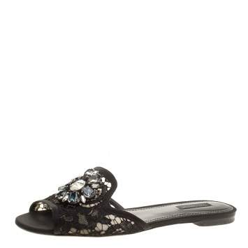 Pre Owned Dolce & Gabbana Black Lace Sofia Crystal Embellished Slides Size 39.5
