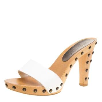 Pre Owned Dolce & Gabbana White Leather Wooden Platform Slides Size 38.5