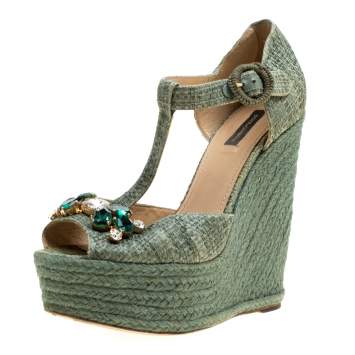 Pre Owned Dolce & Gabbana Green Raffia Bianca Crystal Embellished Espadrille Wedge Sandals Size 38