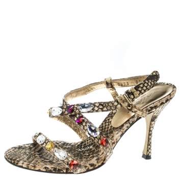 Pre Owned Dolce & Gabbana Beige Python Crystal Embellished Slingback Sandals Size 37