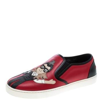 مملوكة مسبقًا Dolce & Gabbana Red Leather Applique Detail Slip On Sneakers Size 38.5