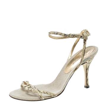 Pre Owned Dolce & Gabbana Cream Python Leather Ankle Strap Sandals Size 37.5