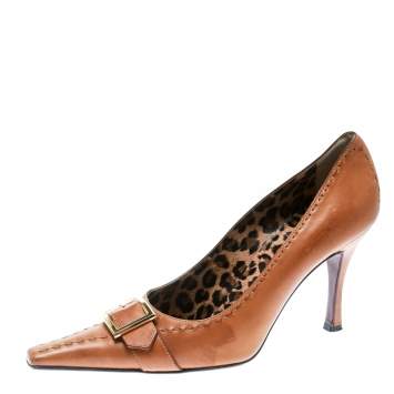 Pre Owned Dolce & Gabbana Brown Leather Buckle Detail Pointed Toe Pumps Size 39.5