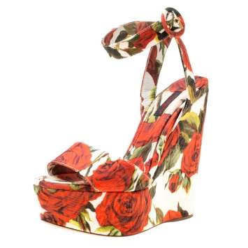 Pre Owned Dolce & Gabbana Multicolor Floral Printed Fabric Platform Wedge Sandals Size 37.5