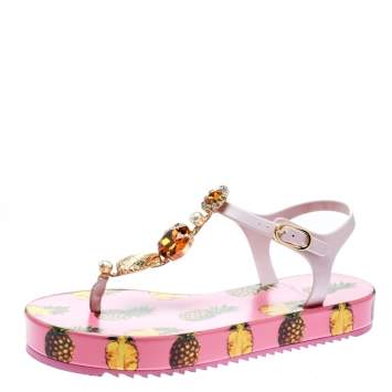 Pre Owned Dolce & Gabbana Pink Rubber Pineapple Print Crystal Embellished Platform Thong Sandals Size 39