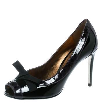 Pre Owned Dolce & Gabbana Black/Purple Patent Leather Peep Toe Bow Pumps Size 40
