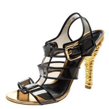 مملوكة مسبقًا Dolce & Gabbana Black PVC And Leather Strappy Woven Detail Heel Sandals Size 41