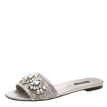 Pre Owned Dolce & Gabbana Metallic Silver Lace Crystal Embellished Flat Slides Size 39