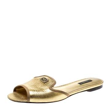 Pre Owned Dolce & Gabbana Gold Lizard Embossed Leather Flat Slides Size 39.5