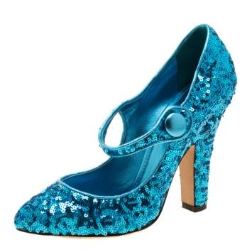 Pre Owned Dolce & Gabbana Blue Sequin Mary Jane Pumps 38