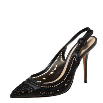 Pre Owned Dolce & Gabbana Black Leather And Lace Anglaise Slingback Sandals Size 39