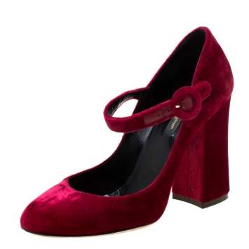 Pre Owned Dolce & Gabbana Burgundy Velvet Mary Jane Pumps Size 36.5