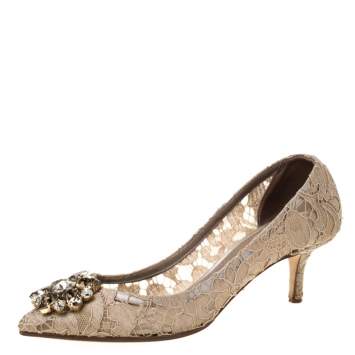 Pre Owned Dolce & Gabbana Beige Crystal Embellished Lace Bellucci Pointed Toe Pumps Size 37.5