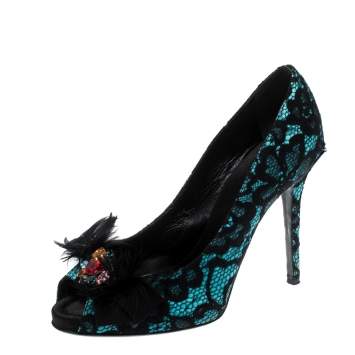 Pre Owned Dolce & Gabbana Black/Blue Lace Feather and Crystal Embellished Peep Toe Pumps Size 41