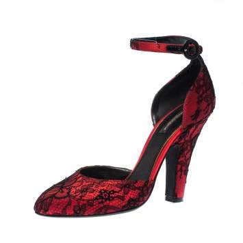 Pre Owned Dolce & Gabbana Red/Black Satin and Lace Ankle Strap D'orsay Pumps Size 40