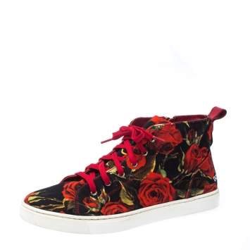 Pre Owned Dolce & Gabbana Red Floral Print Canvas High Top Sneakers Size 40