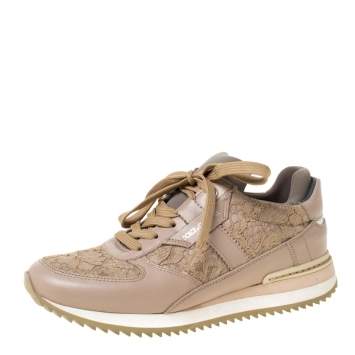 Pre Owned Dolce & Gabbana Beige Lace And Leather Lace Up Sneakers Size 35