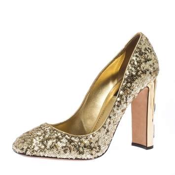 Pre Owned Dolce & Gabbana Metallic Gold Sequin Crystal Studded Heel Pumps Size 40