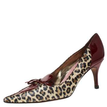 Pre Owned Dolce & Gabbana Leopard Print Leather Vintage Bow Pointed Toe Pumps Size 37.5