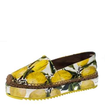 Pre Owned Dolce & Gabbana Yellow/Green Lemon Print Fabric Platform Espadrille Flats Size 38