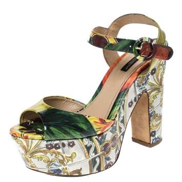 Pre Owned Dolce & Gabbana Multicolor Printed Patent Leather Platform Sandals Size 37.5 
