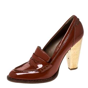 Pre Owned Dolce & Gabbana Dark Orange Patent Leather Loafer Pumps Size 39.5 