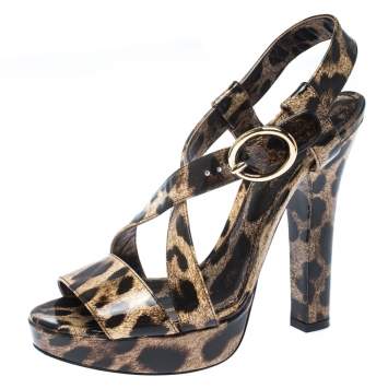 Pre Owned  Dolce & Gabbana Brown/Beige Patent Leather Leopard Print Platform Ankle Starp Sandals Size 39