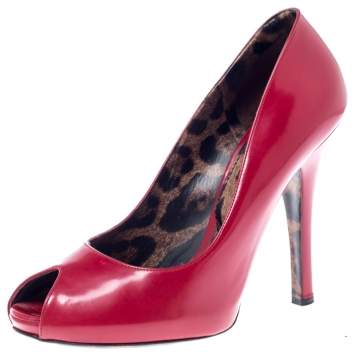 Pre Owned Dolce & Gabbana Red Leather Peep Toe Pumps Size 38