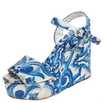 Pre Owned Dolce & Gabbana Blue/White Majolica Print Canvas Ankle Strap Wedge Sandals Size 38.5