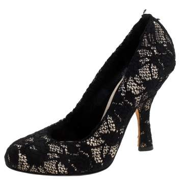 Pre Owned Dolce & Gabbana Black Lace Round Toe Pumps Size 38.5