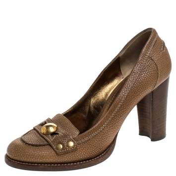 Pre Owned Dolce & Gabbana Brown Leather Embellished Loafer Pumps Size 38