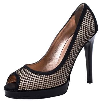 Pre Owned Dolce & Gabbana Black Mesh And Canvas Peep Toe Platform Pumps Size 40 