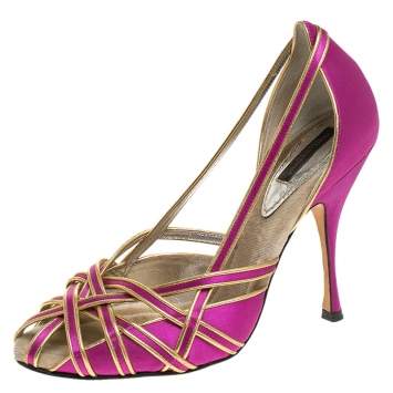 Pre Owned Dolce & Gabbana Pink And Gold Satin Strappy Pumps Size 38