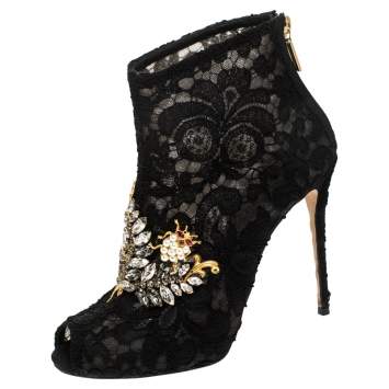 Pre Owned Dolce & Gabbana Black Lace Crystal Embellished Peep Toe Booties Size 38.5