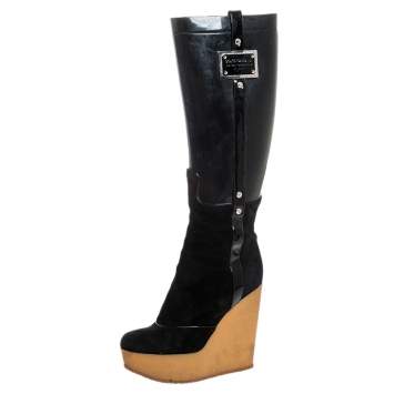 Pre Owned Dolce & Gabbana Black PVC And Suede Wedge Knee High Boots Size 39 
