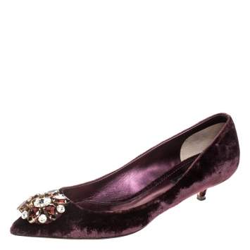 Pre Owned Dolce & Gabbana Purple Velvet Crystal Embellished Bellucci Pumps Size 38