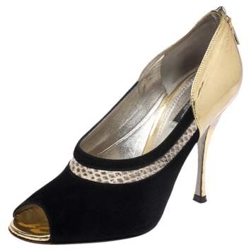 Pre Owned Dolce & Gabbana Black Suede, Python Trim and Metallic Gold Leather Open Toe Pumps Size 39.5