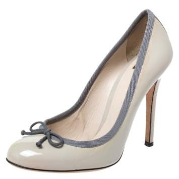 Pre Owned Dolce & Gabbana Grey Patent Leather Bow Round Toe Pumps Size 38.5