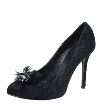Pre Owned Dolce & Gabbana Black Feather and Crystal Embellished Lace and Satin Pumps Size 38.5