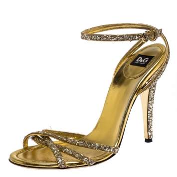 Pre Owned Dolce & Gabbana Gold Strappy Glitter and Leather Open Toe Ankle Strap Sandal Size 38