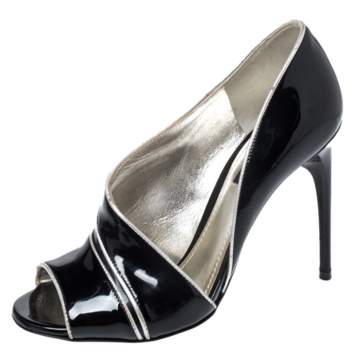 Pre Owned Dolce & Gabbana Black Patent Leather And Leather Piping Detail Peep Toe D'orsay Pump Size 36.5