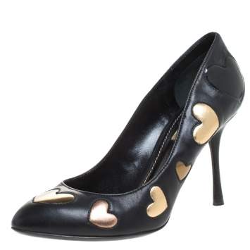 Pre Owned Dolce & Gabbanna Black Leather Heart Applique Pointed Toe Pumps Size 36.5