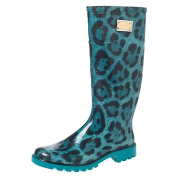 Pre Owned Dolce & Gabbana Teal/Black Leopard Print PVC Knee High Rain Boots Size 36