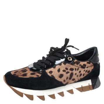 Pre Owned Dolce & Gabbana Brown Leopard Print Canvas And Black Suede Low Top Sneakers Size 40