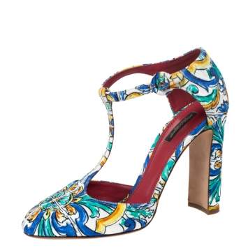 مملوكة مسبقًا Dolce & Gabbana Multicolor Majolica Print Brocade Fabric Ankle Strap Pumps Size 40