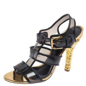 Pre Owned Dolce & Gabbana Black PVC And Leather Strappy Woven Detail Heel Sandals Size 40