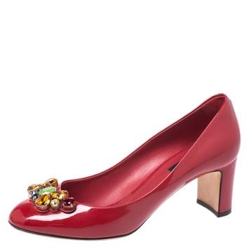 Pre Owned Dolce & Gabbana Red Patent Leather Crystal Embellished Pumps Size 38