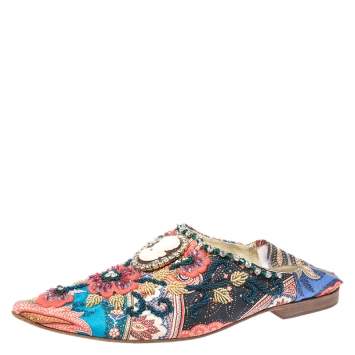 Pre Owned Dolce & Gabbana Multicolor Fabric Crystal Embellished Flat Mules Size 38