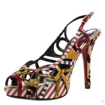 Pre Owned Dolce & Gabbana Multicolor Python Leather and Canvas Strappy Platform Sandals Size 37.5