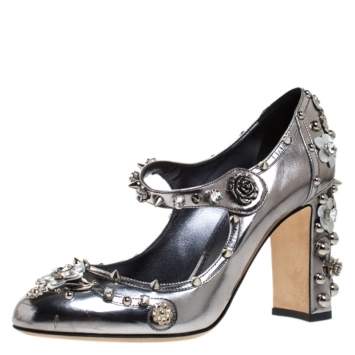 Pre Owned Dolce & Gabbana Silver Metallic Leather Floral Applique, Spike And Crystal Embellished Mary Jane Pumps Size 40